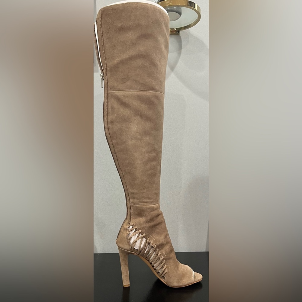 NIB Vince Camuto Shassa Taupe Suede Open Toe, Over-The-Knee Heeled Boots